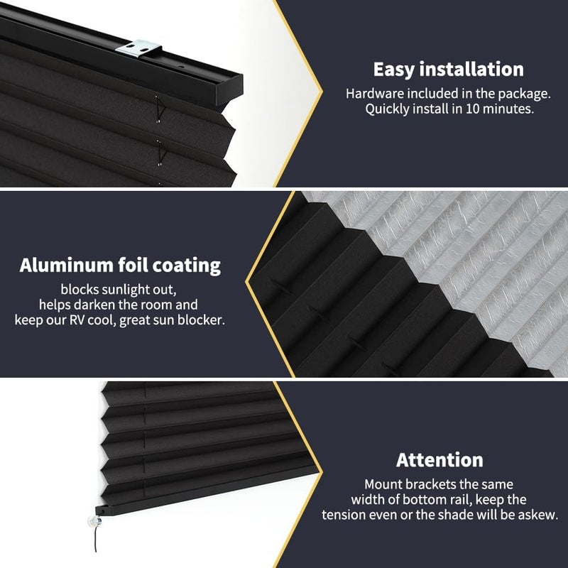 LUCKUP RV Blinds for Camper Window Blackout RV Shades Curtains 26" W x 24" L w/Aluminum Foil, RV Pleated Shades for Travel Trailer Window, Black - Image 3